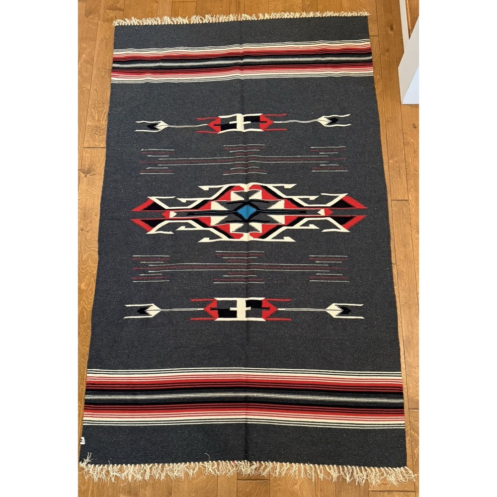 Vintage Handwoven Wool Chimayo Style Rug Blanket 52 x86 Southwestern Thunderbird